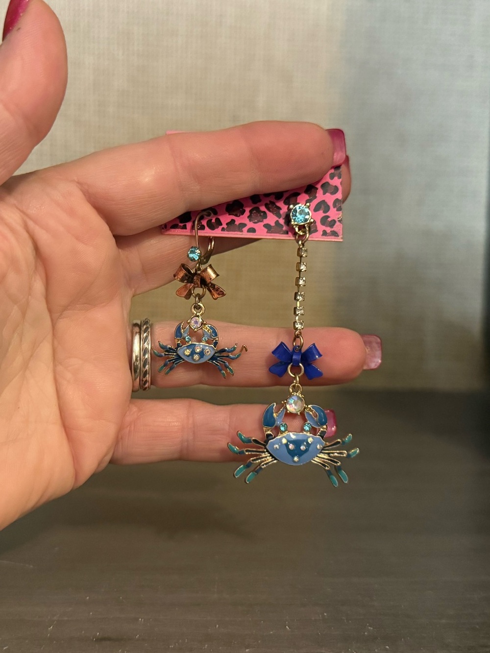 Betsey Johnson Mismatched Blue Enamel Crab Crystal Earrings